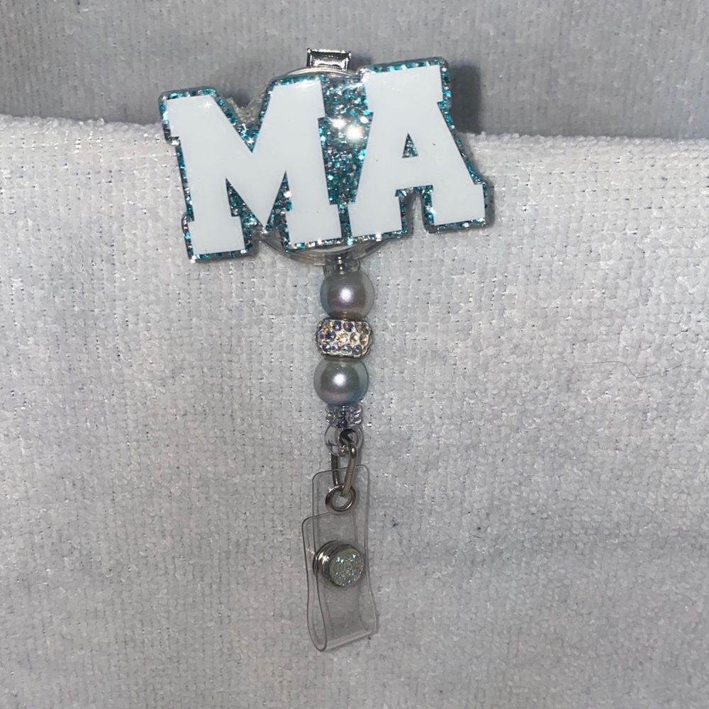 White and Blue Glitter Badge Reel for MA (medical assistant)